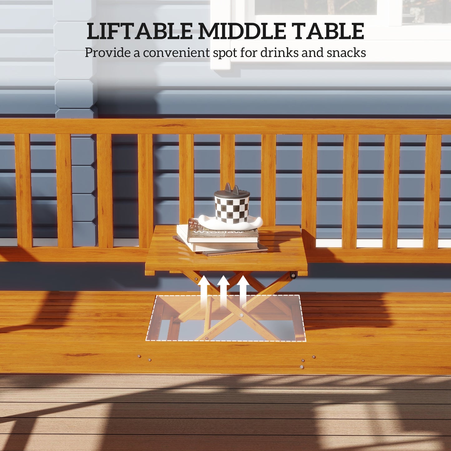 Wooden Bench with Liftable Middle Table, Outdoor Bench