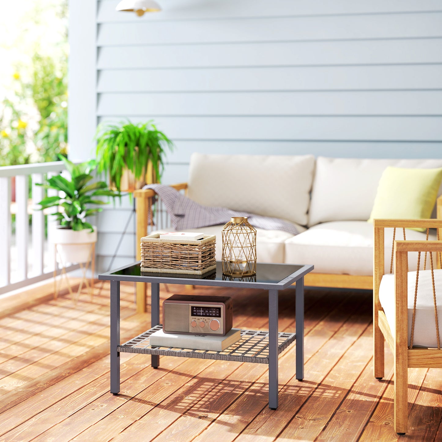 Outdoor Rattan Coffee Table with Tempered Glass Top, Storage Shelf
