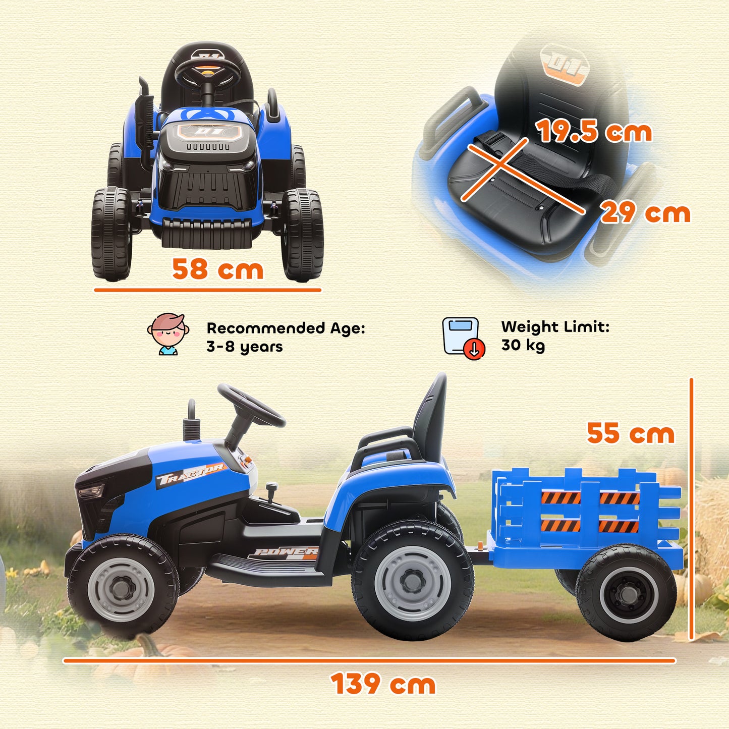 12V Ride on Tractor and Trailer with Remote Control, Music, Shifter