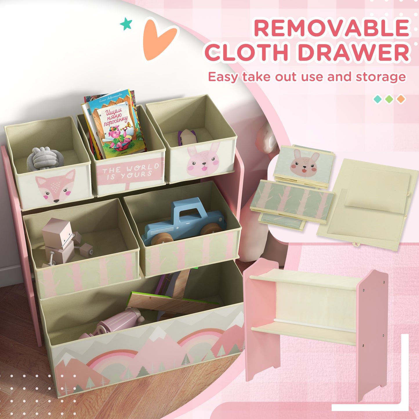 Toddler Bed Frame, Kids Storage Shelf Unit with 6 Fabric Bins