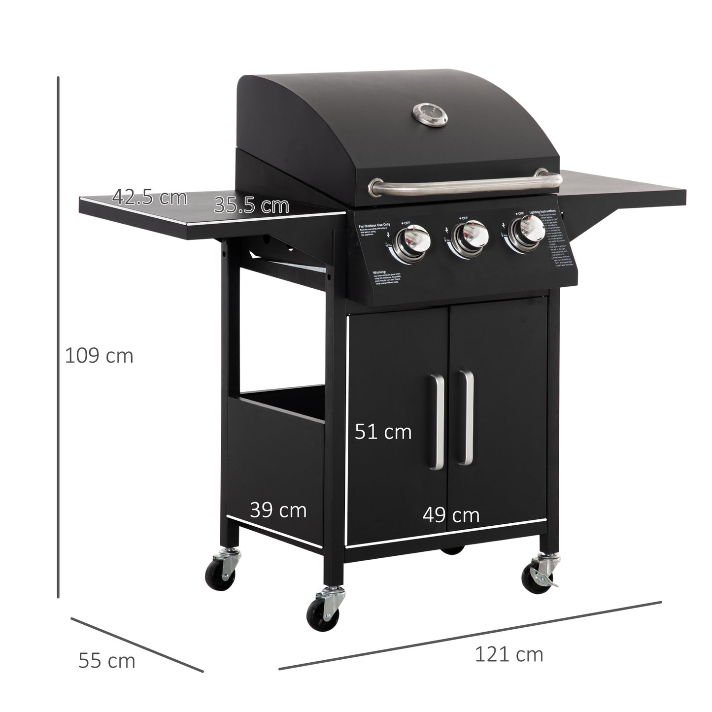 3 Burner Gas BBQ Grill Outdoor Portable Barbecue Trolley w/ Warming
