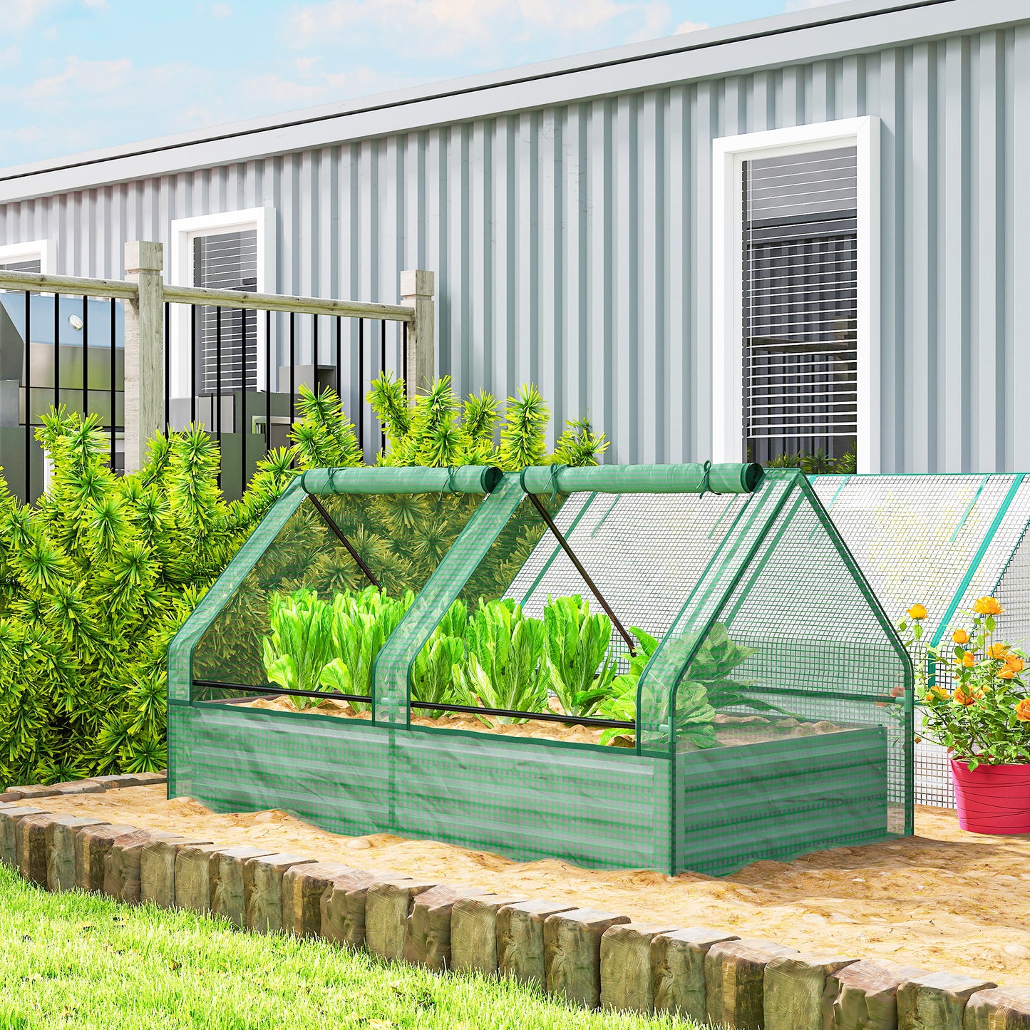 Metal Planter Box with Cover, Raised Garden Bed with Greenhouse