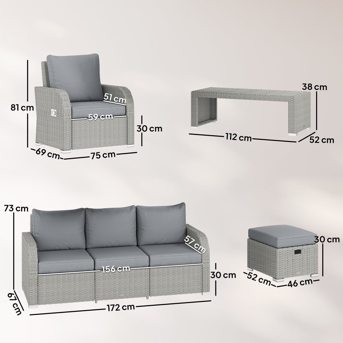 Six-piece Rattan Garden Furniture Set with Reclining Armchairs