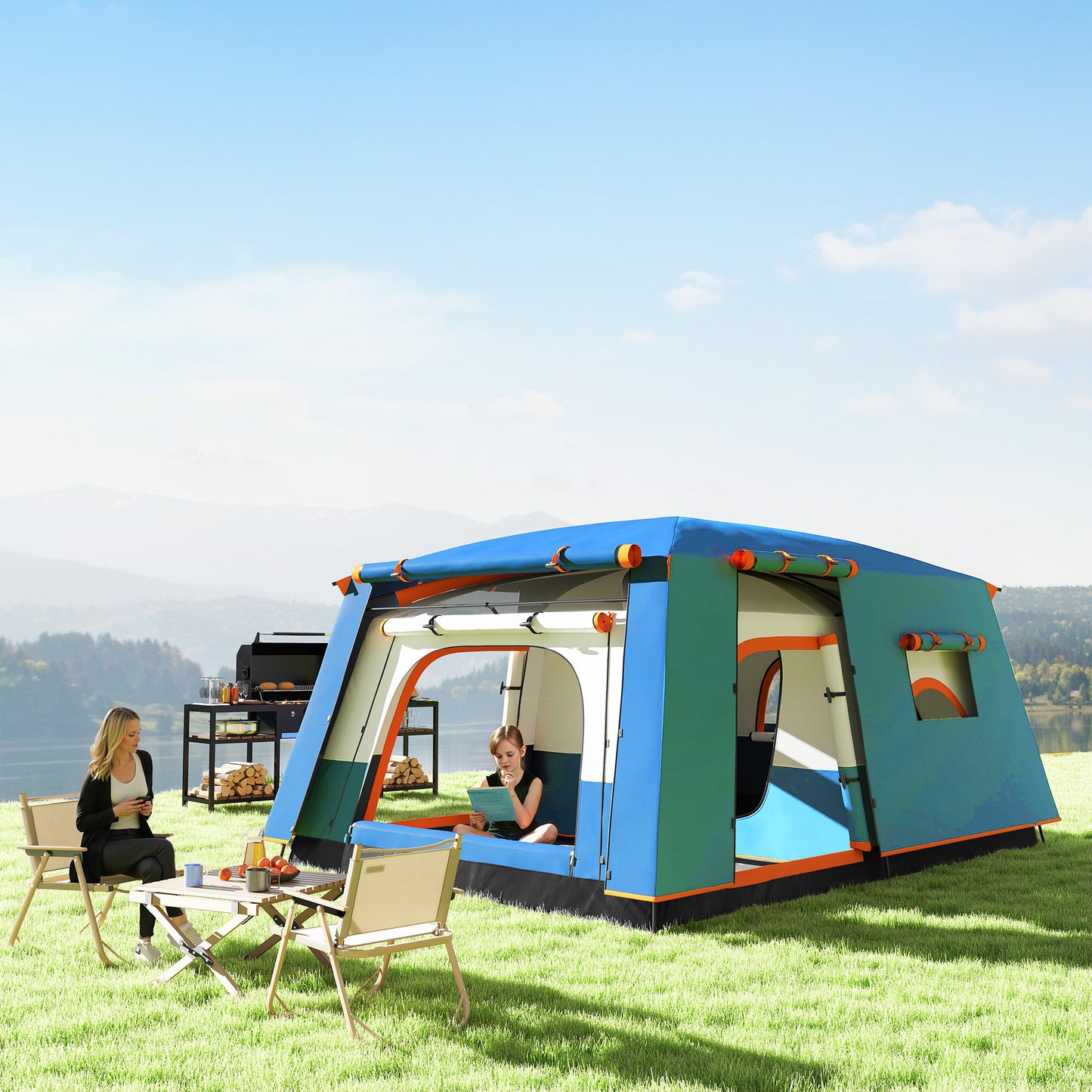 5 Man Camping Tent, Double Layer Tunnel Tent with Porch