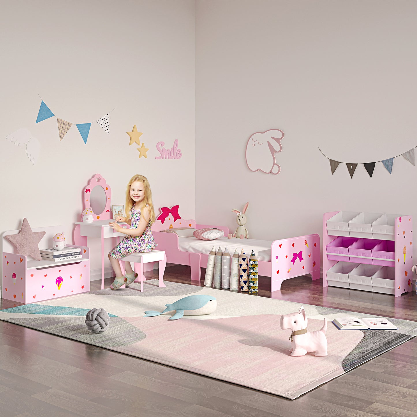 2-in-1 Kids Storage Bench, Toy Box w/ Safety Rod