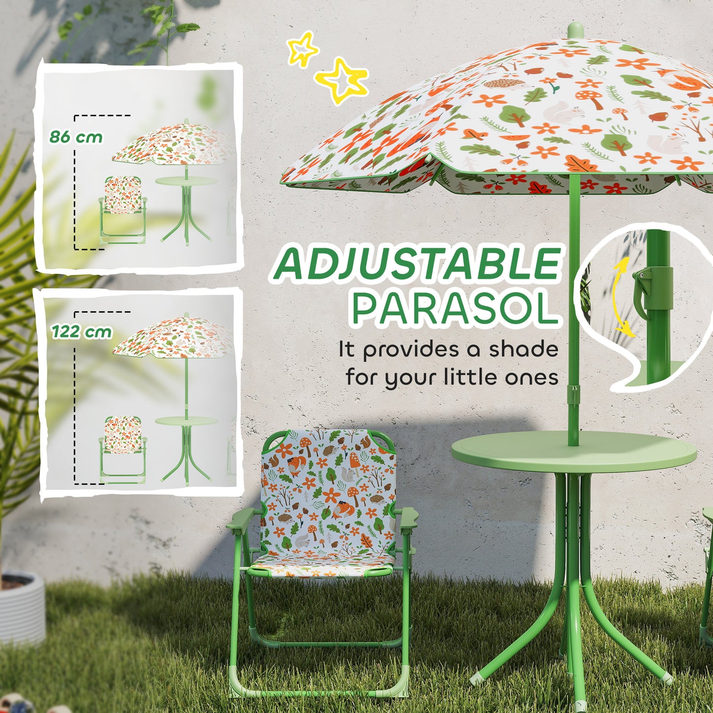 4-Piece Kids Garden Table and Chair Set with Adjustable Parasol