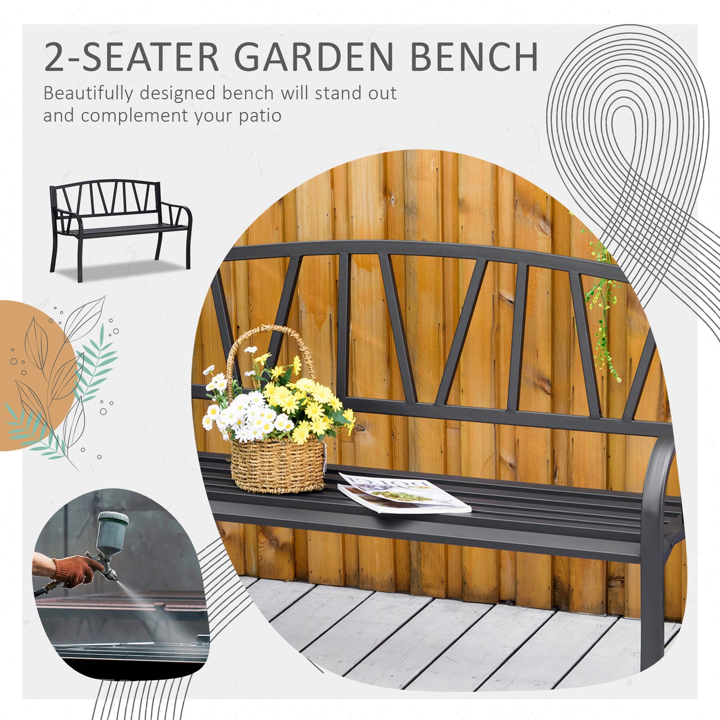 2-Seater Garden Bench Metal Loveseat w/ Decorative Backrest