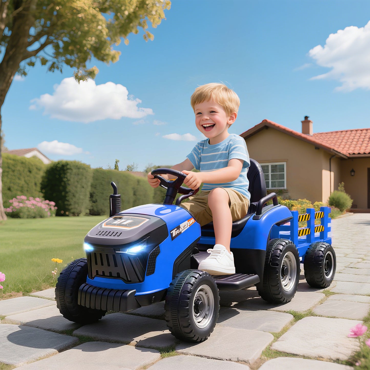 12V Ride on Tractor and Trailer with Remote Control, Music, Shifter