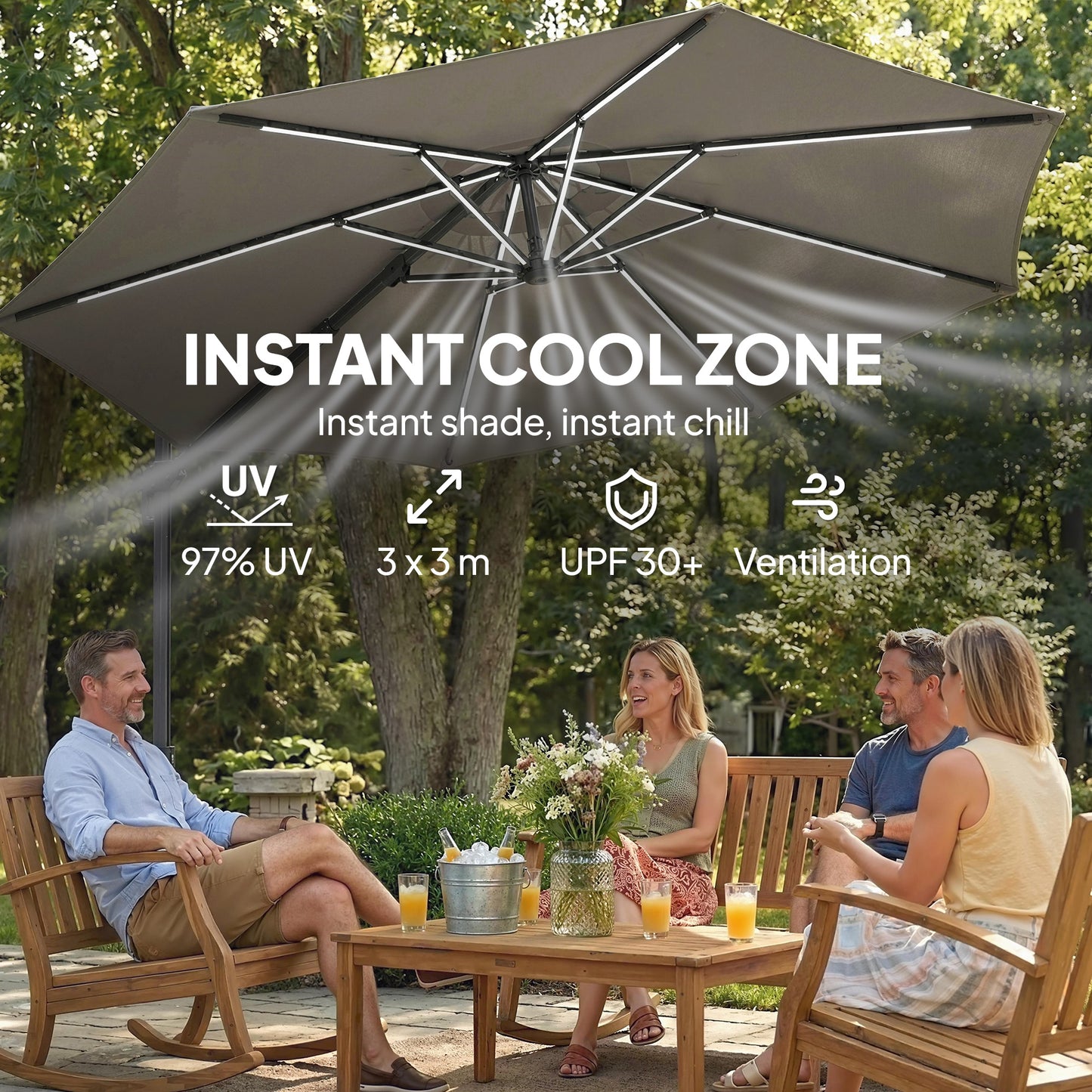 3 m Garden Cantilever Parasol with LED Solar Light
