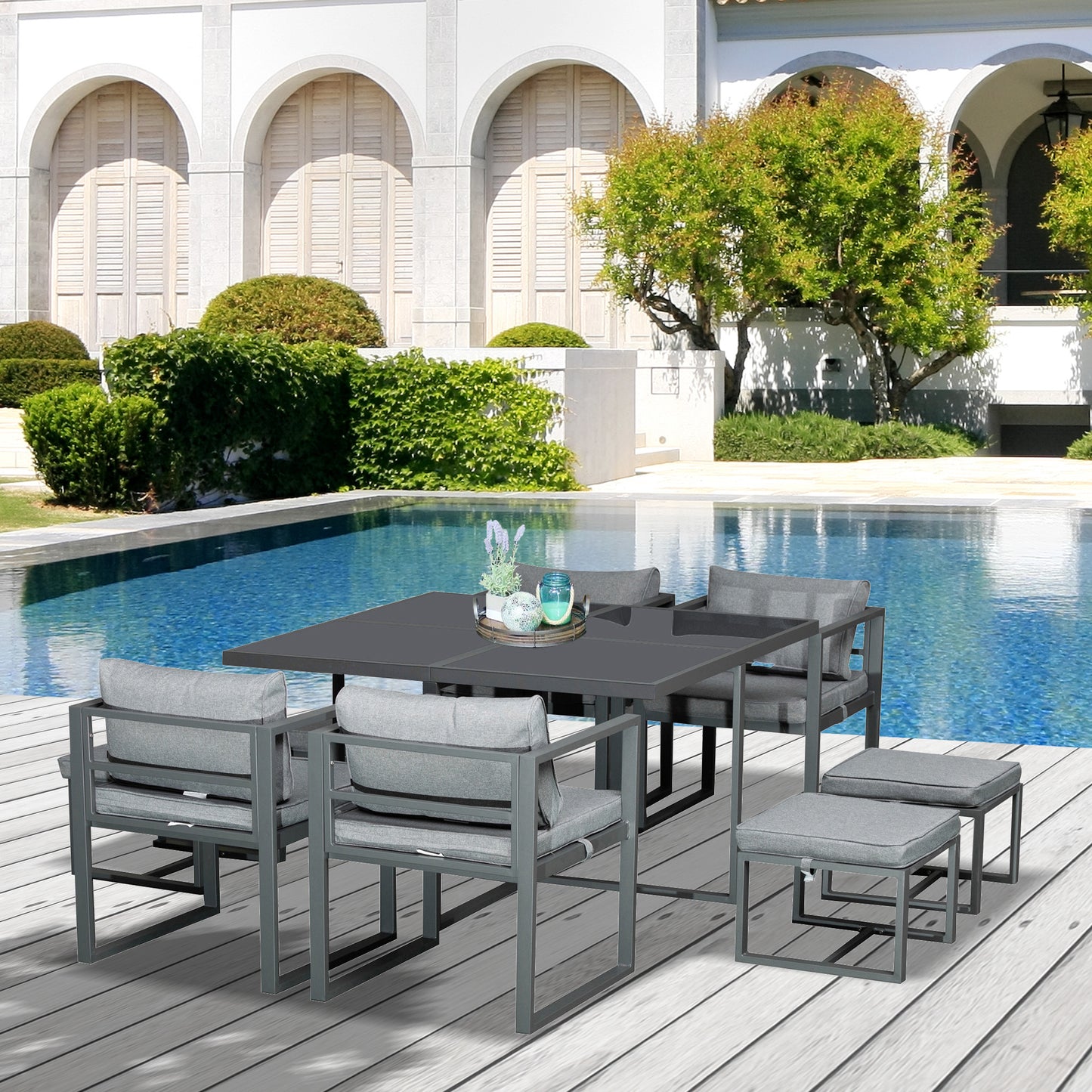 9PCs Patio Aluminium Dining Set, Space Saving Cube Set with 4 Chairs