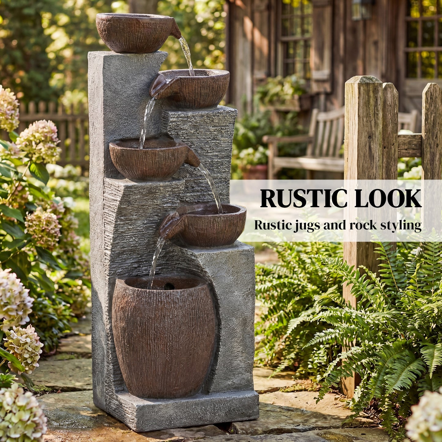Outdoor Fountain with 5-Tier, Garden Fountain with LED Lights