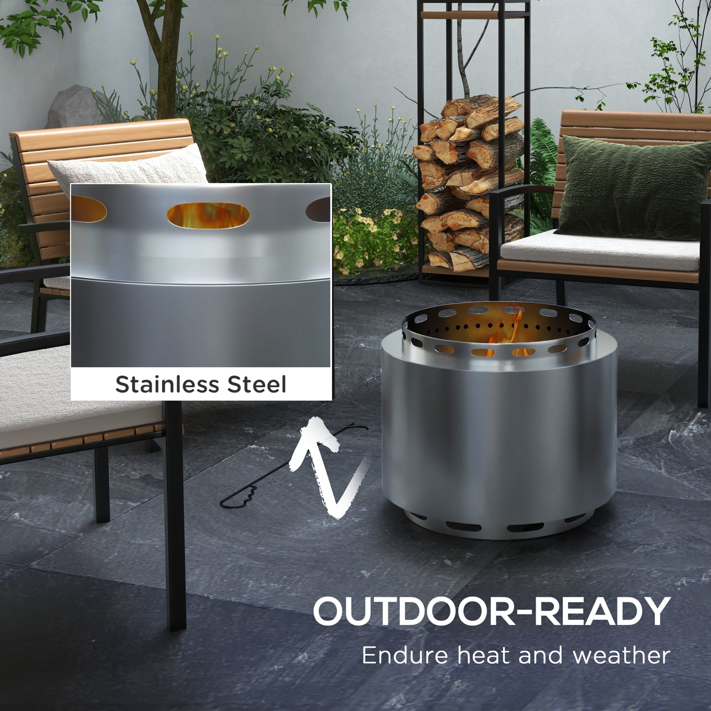 Smokeless Fire Pit, 48.5cm Portable Wood Burning Firepit with Poker
