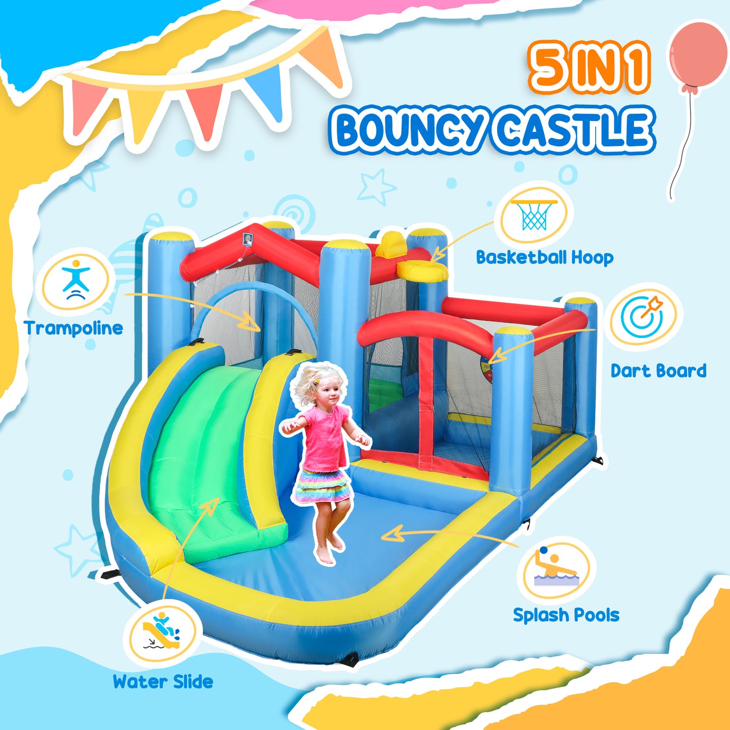 Inflatable Bouncy Castle with 550W Blower, Basketball Hoop