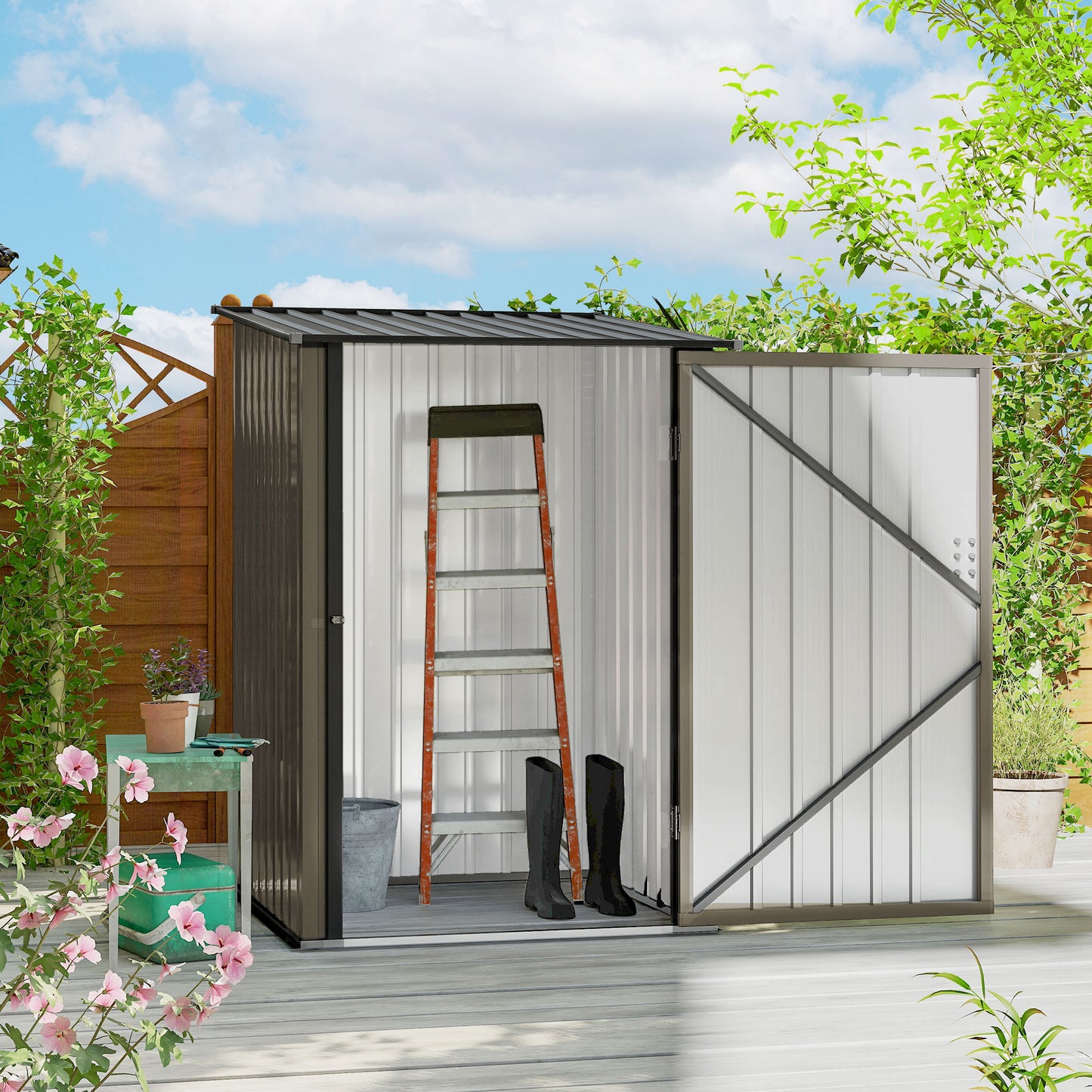 3.3 x 3.4ft Lean To Steel Garden Shed, with Locking Door - Brown/Grey