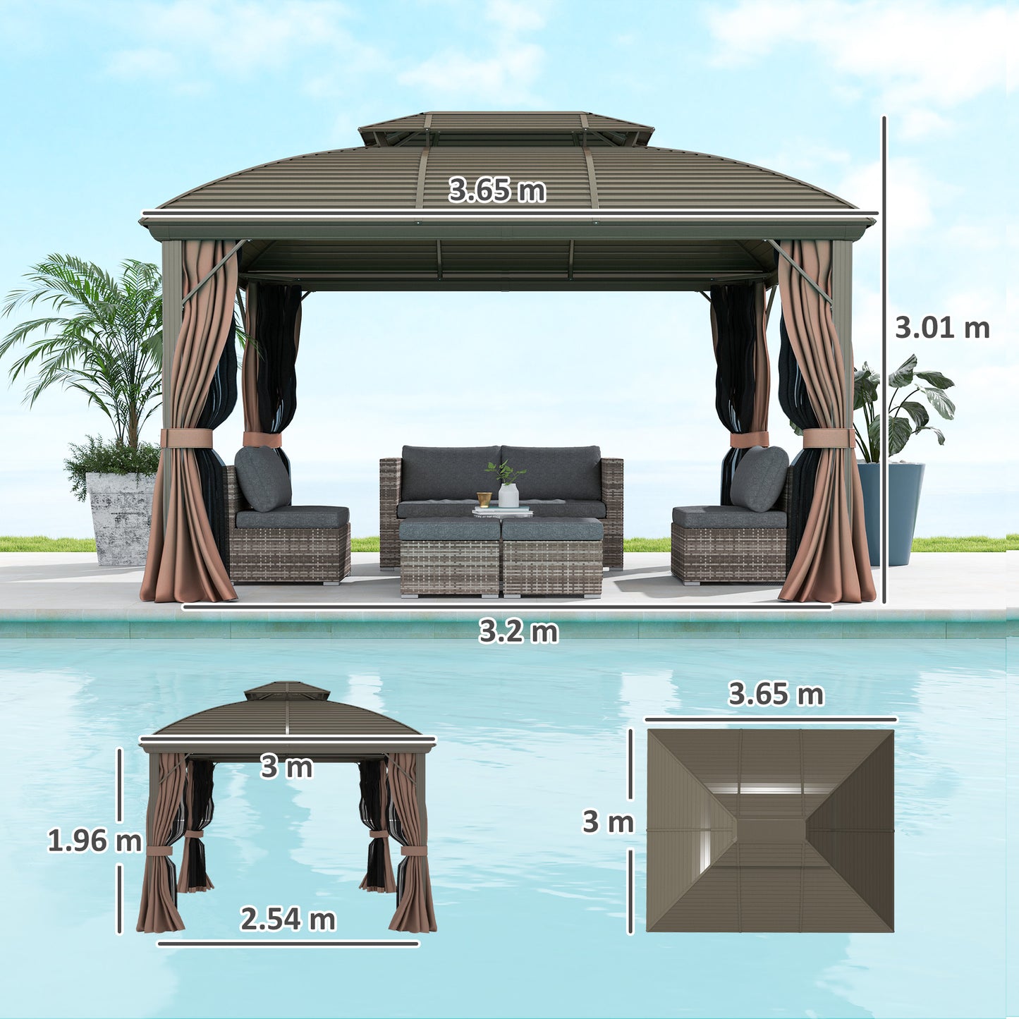 3.65 x 3(m) Hardtop Steel Gazebo Canopy with Aluminium Frame