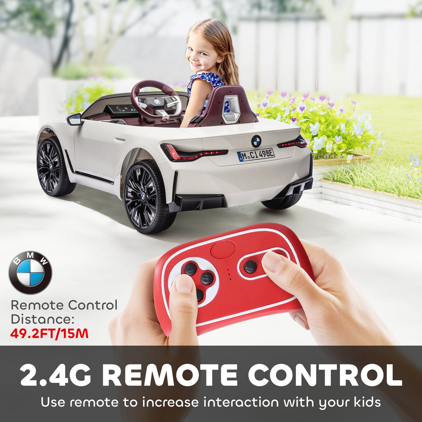 BMW i4 Licensed 12V Kids Electric Ride-On Car, White, Red and