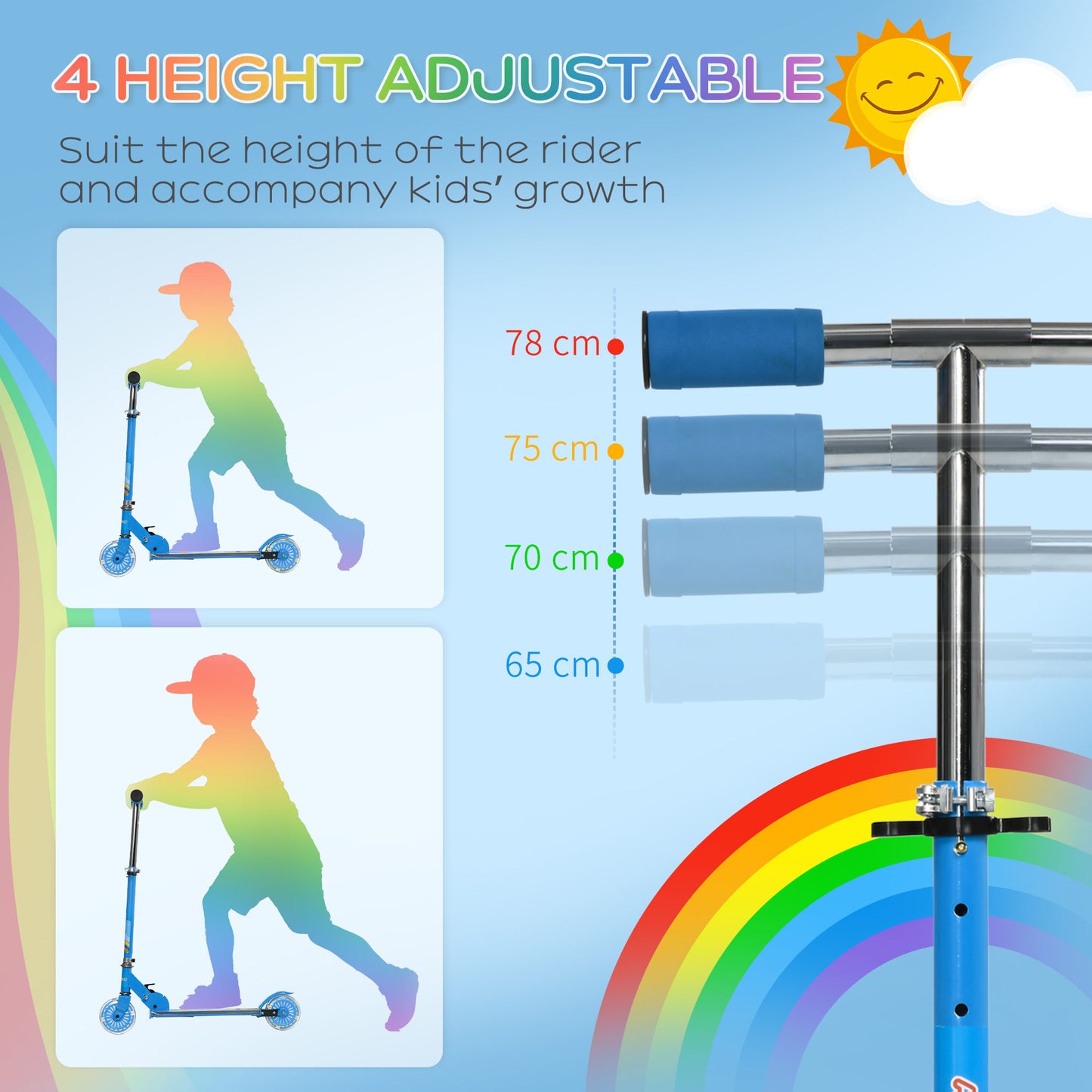 Kids Scooter, with Lights, Music, Adjustable Height, Foldable Frame