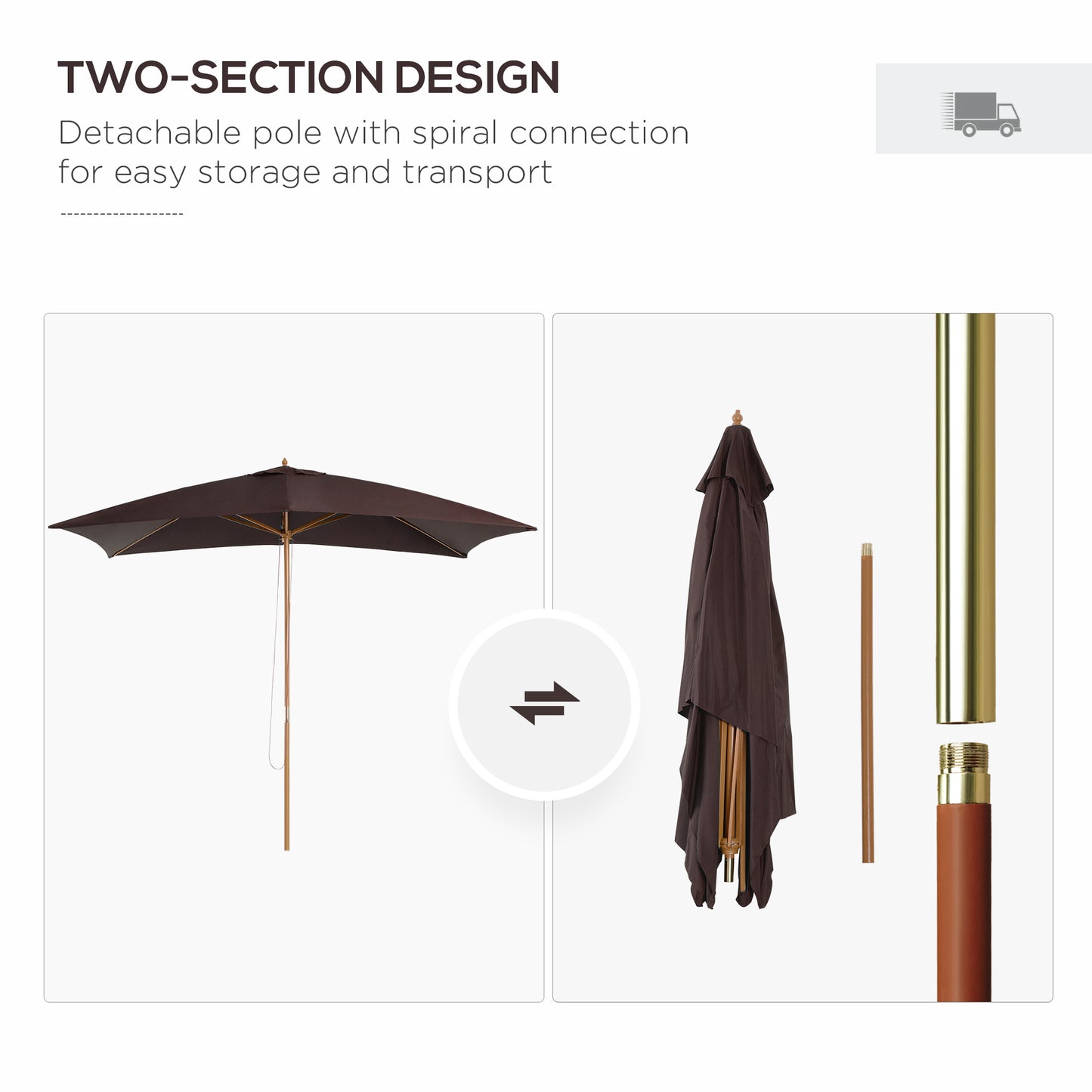 2 x 3m Wooden Garden Parasol Umbrella Outdoor Sun Shade Canopy, Dark