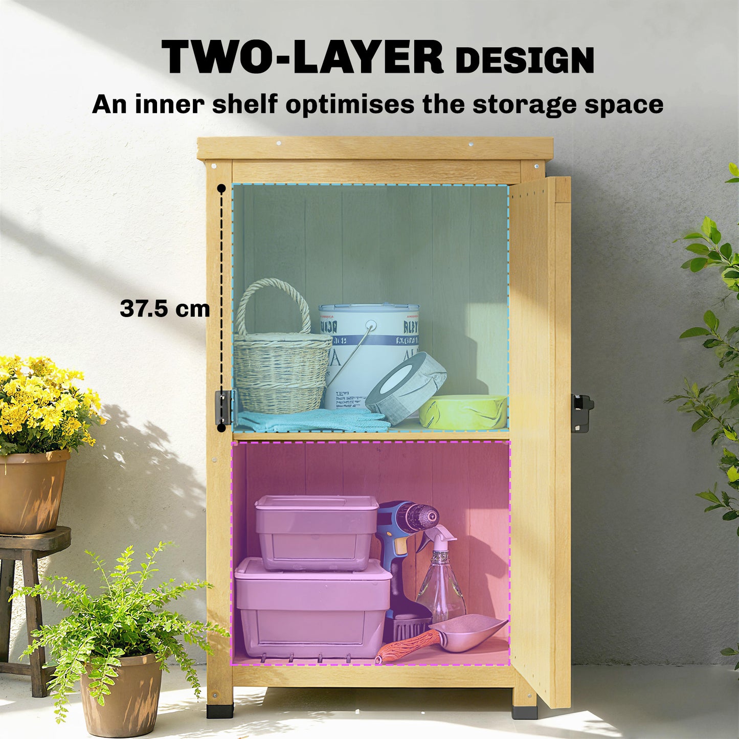 Wooden Garden Shed, Garden Tool Storage Shed with Metal Top and Shelf