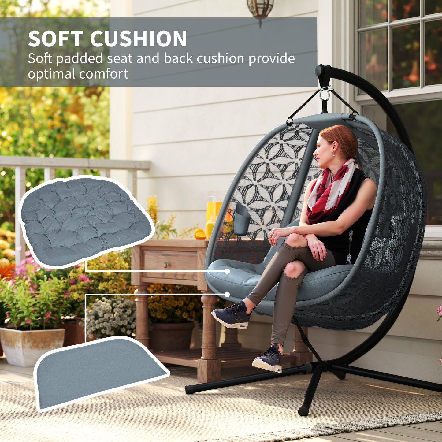 Outdoor Double Hanging Chair with Cushion and Cup Holders