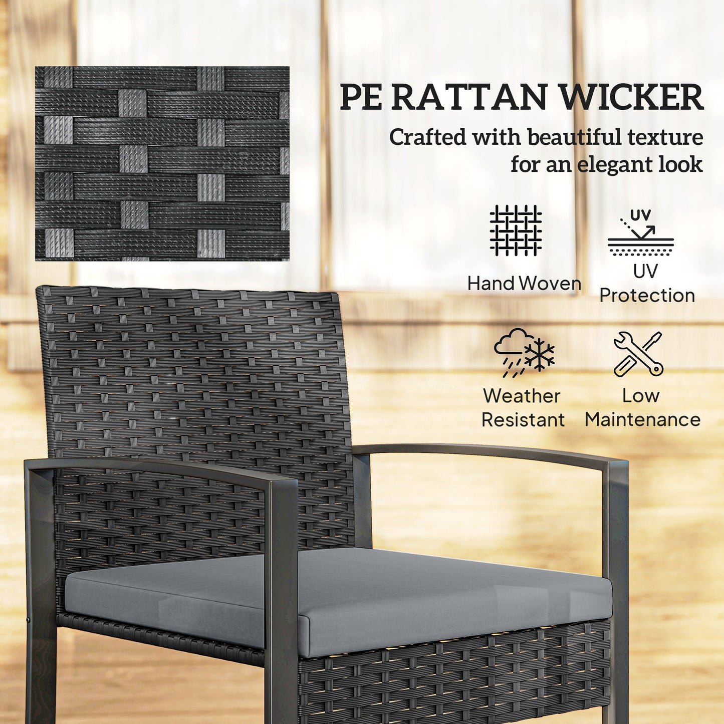 Rattan Bistro Set, 3 Piece Garden Furniture Set with Glass Top Table
