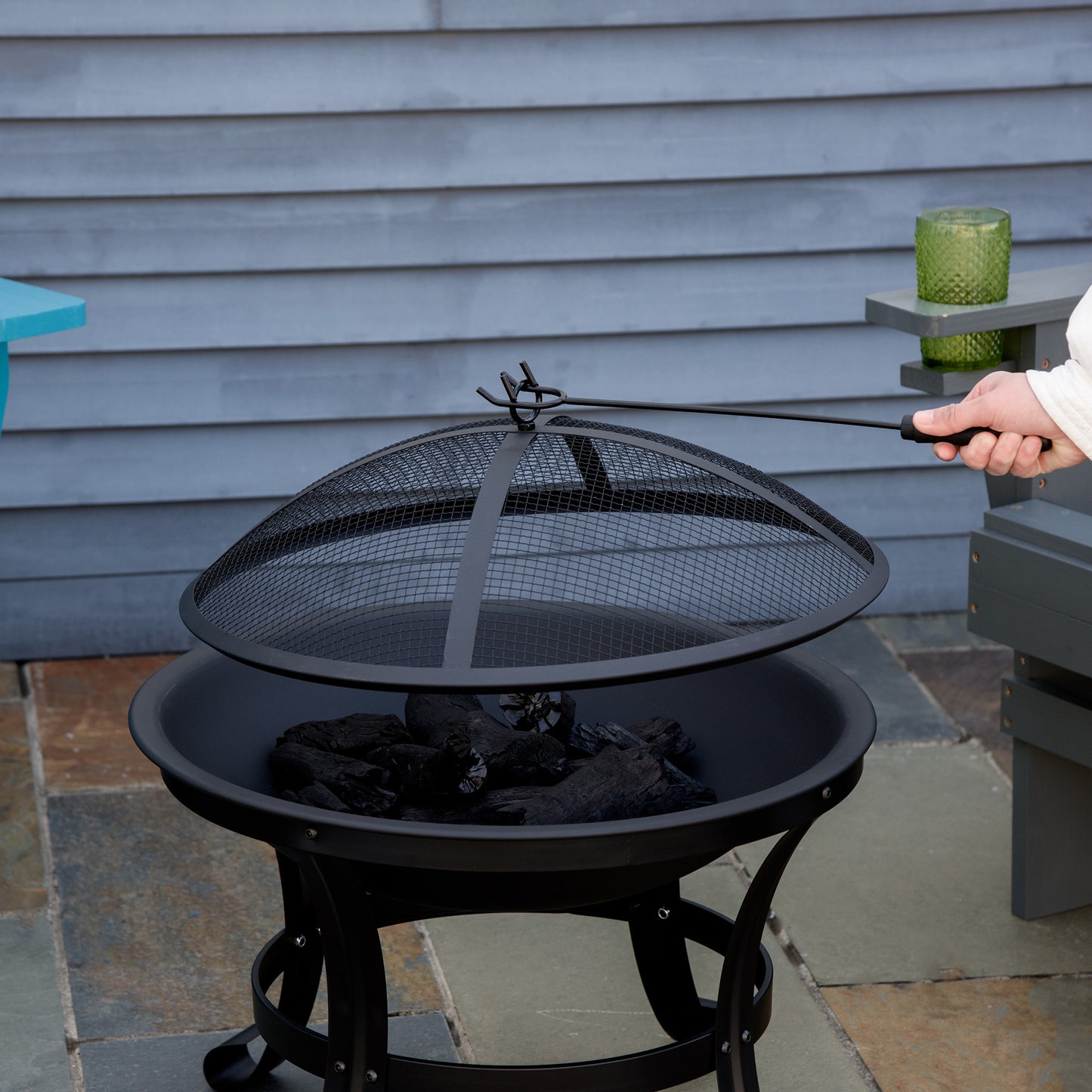 Outdoor Fire Pit, Firepit with Mesh Lid, Poker, for Camping, Bonfire