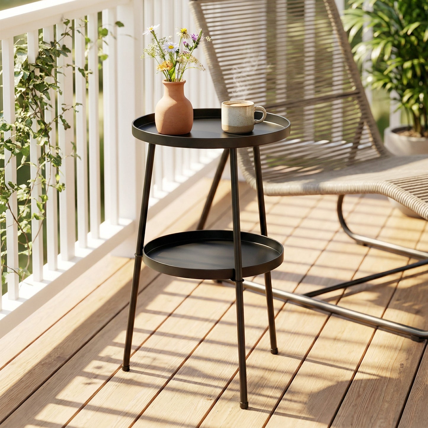 Patio Side Table, 2-Tier Round Coffee End Table