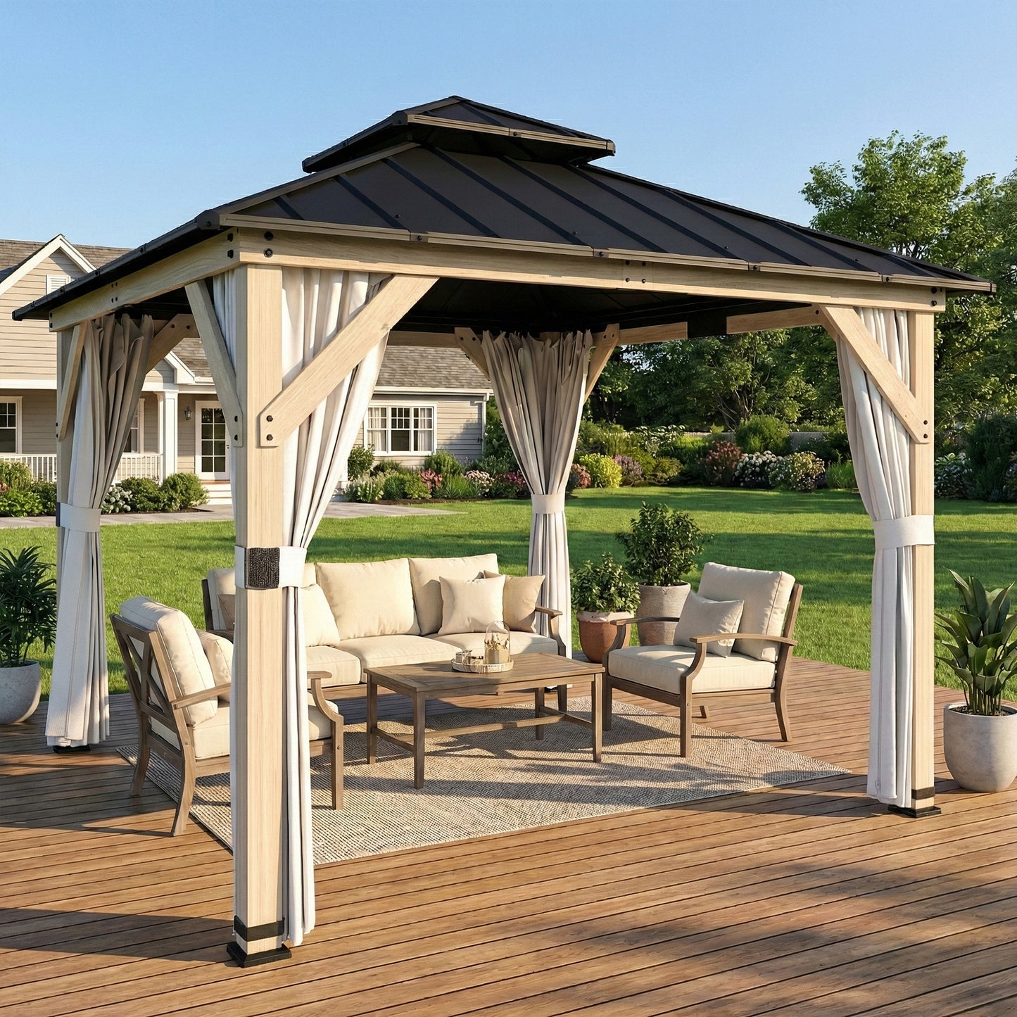 3 x 3 m Outdoor Hardtop Gazebo Canopy with 2-Tier Steel Roof