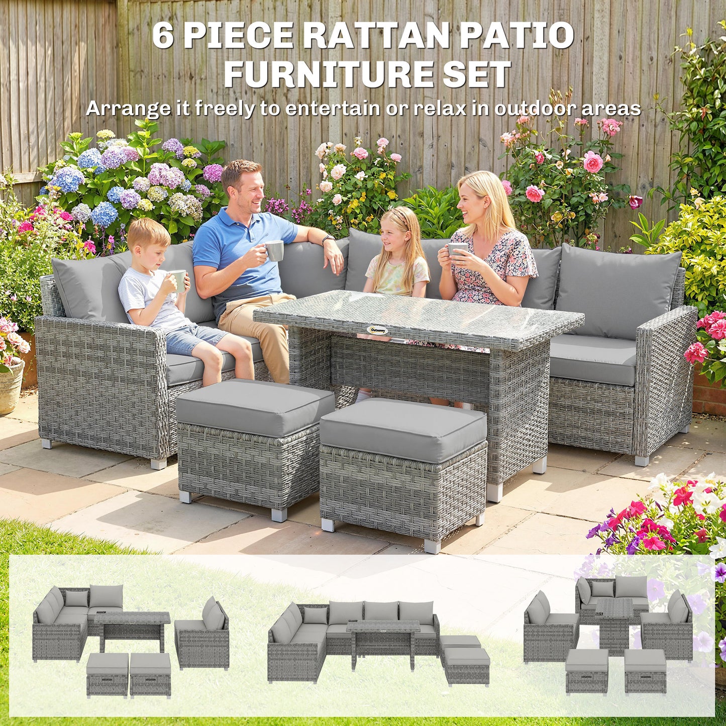 6 Seater Rattan Garden Furniture Set with 3 Sofas, 2 Footstools