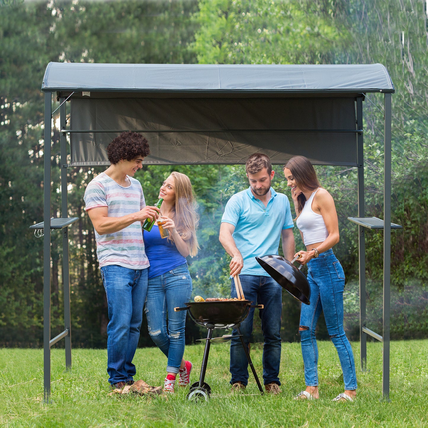 2.2 x 1.4m BBQ Shelter, Outdoor Grill Gazebo Canopy with Shelves