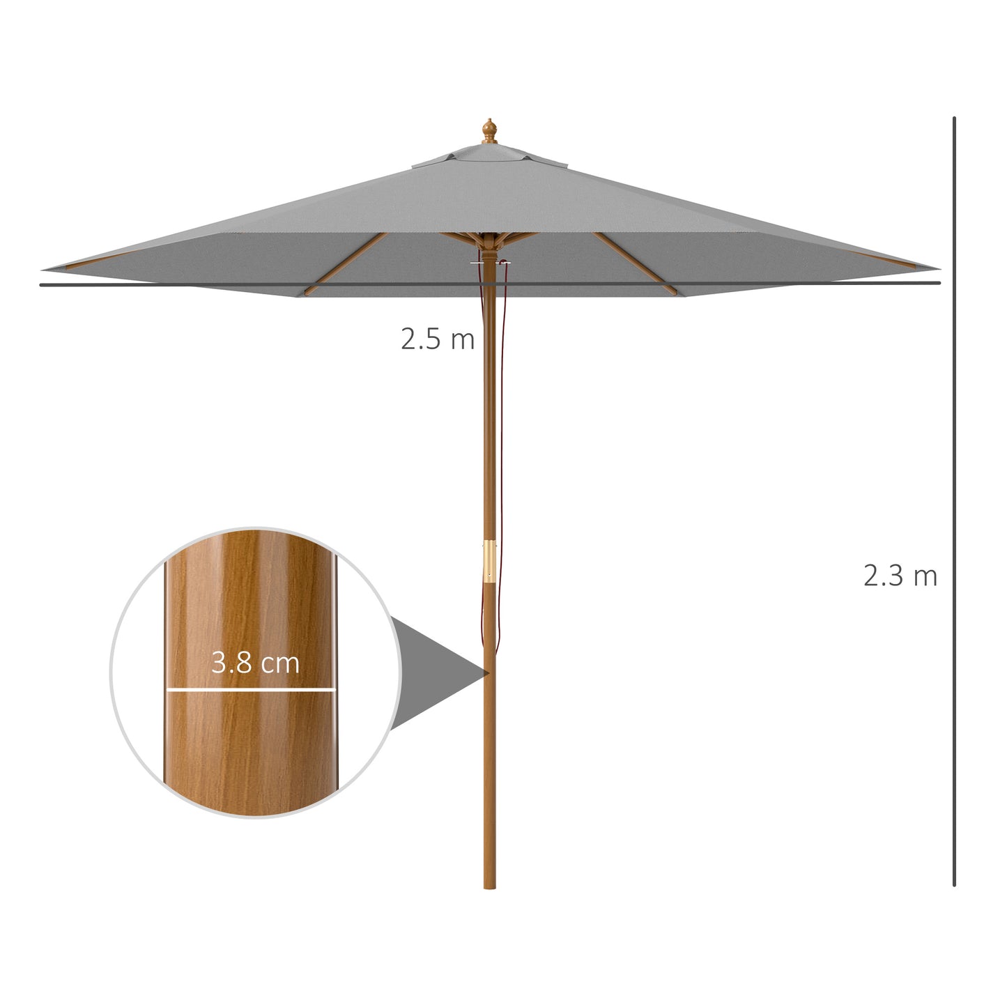 2.5m Wood Garden Parasol Sun Shade Patio Outdoor Wooden Umbrella