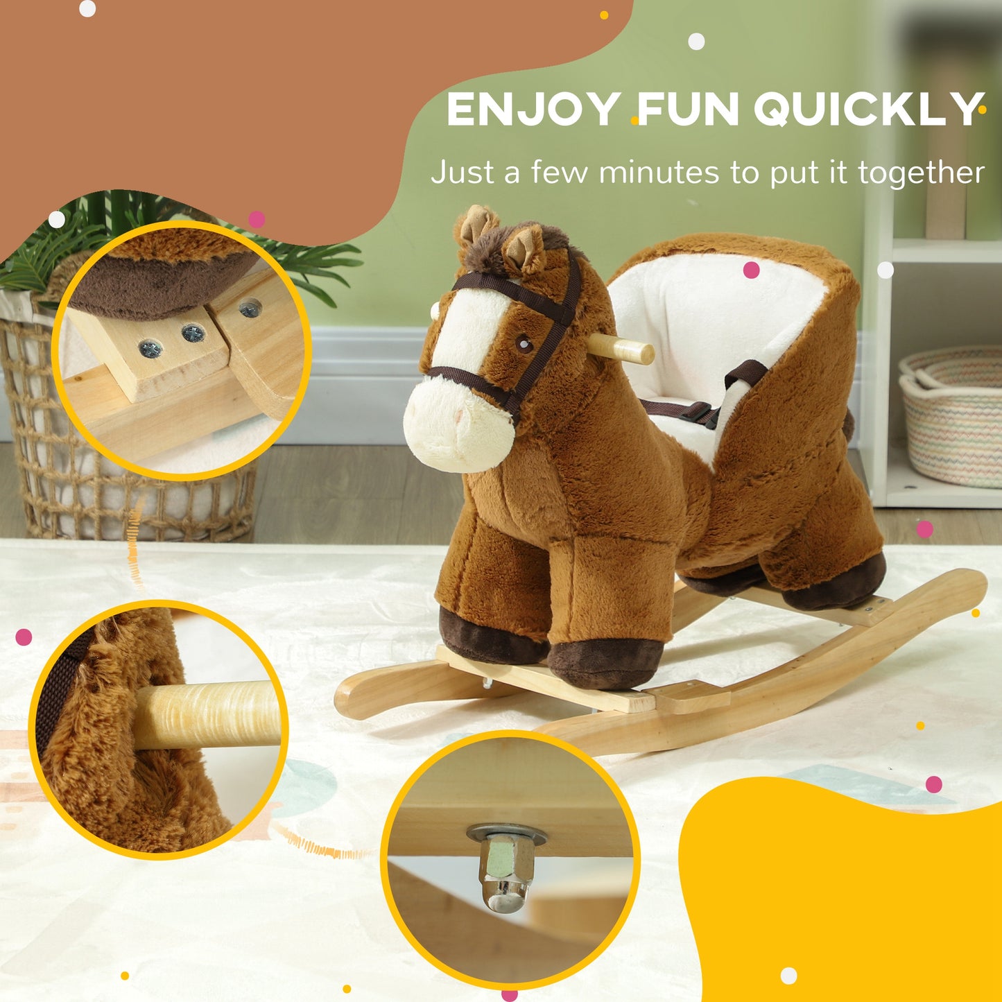 Kids Rocking Horse, Plush Ride on Horse, with Sound, Wood Base