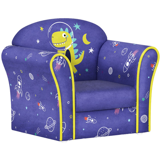 Kids Armchair with Planet Dinosaurs Design, Wooden Frame