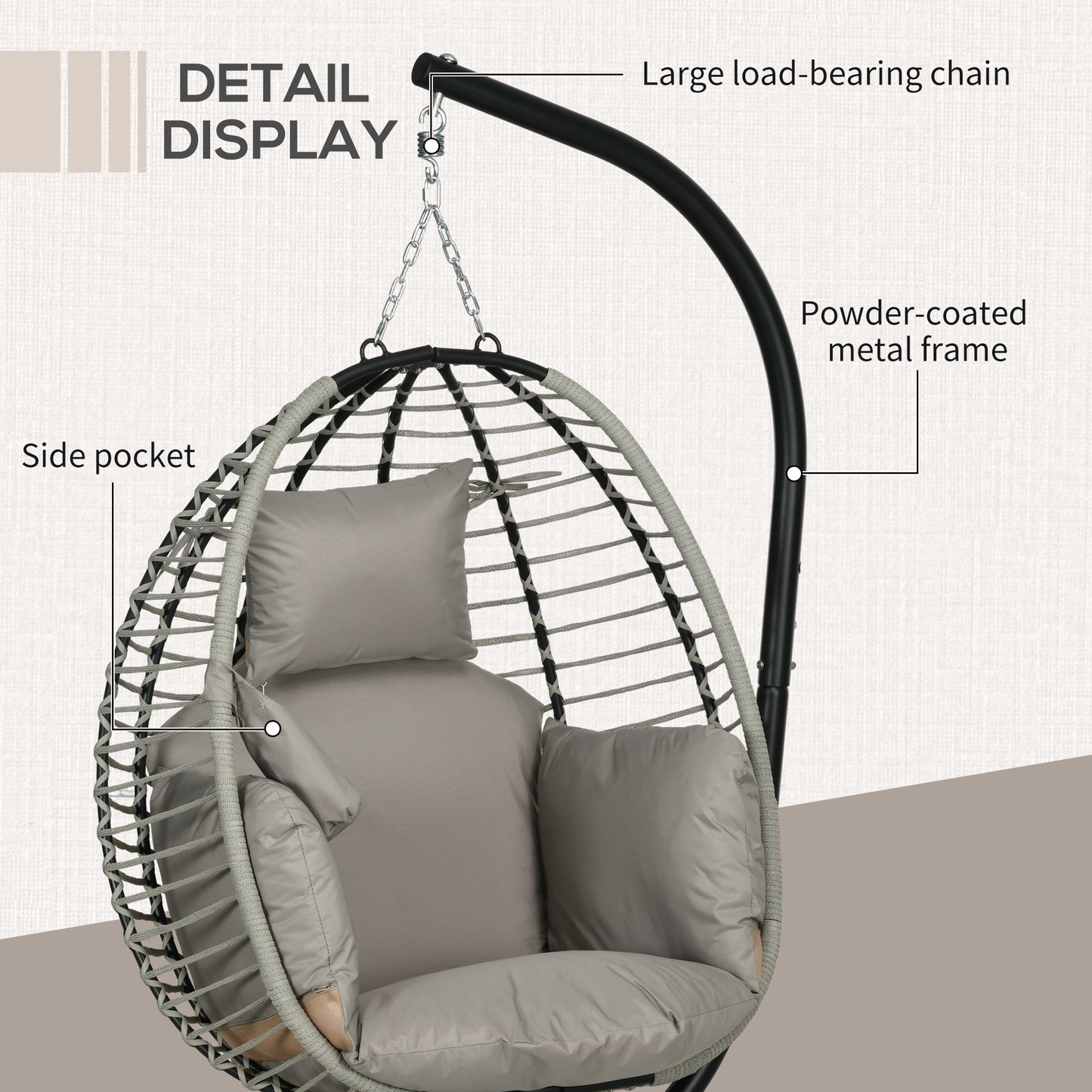 Single Rattan Hanging Egg Chair, with Seat Cushion