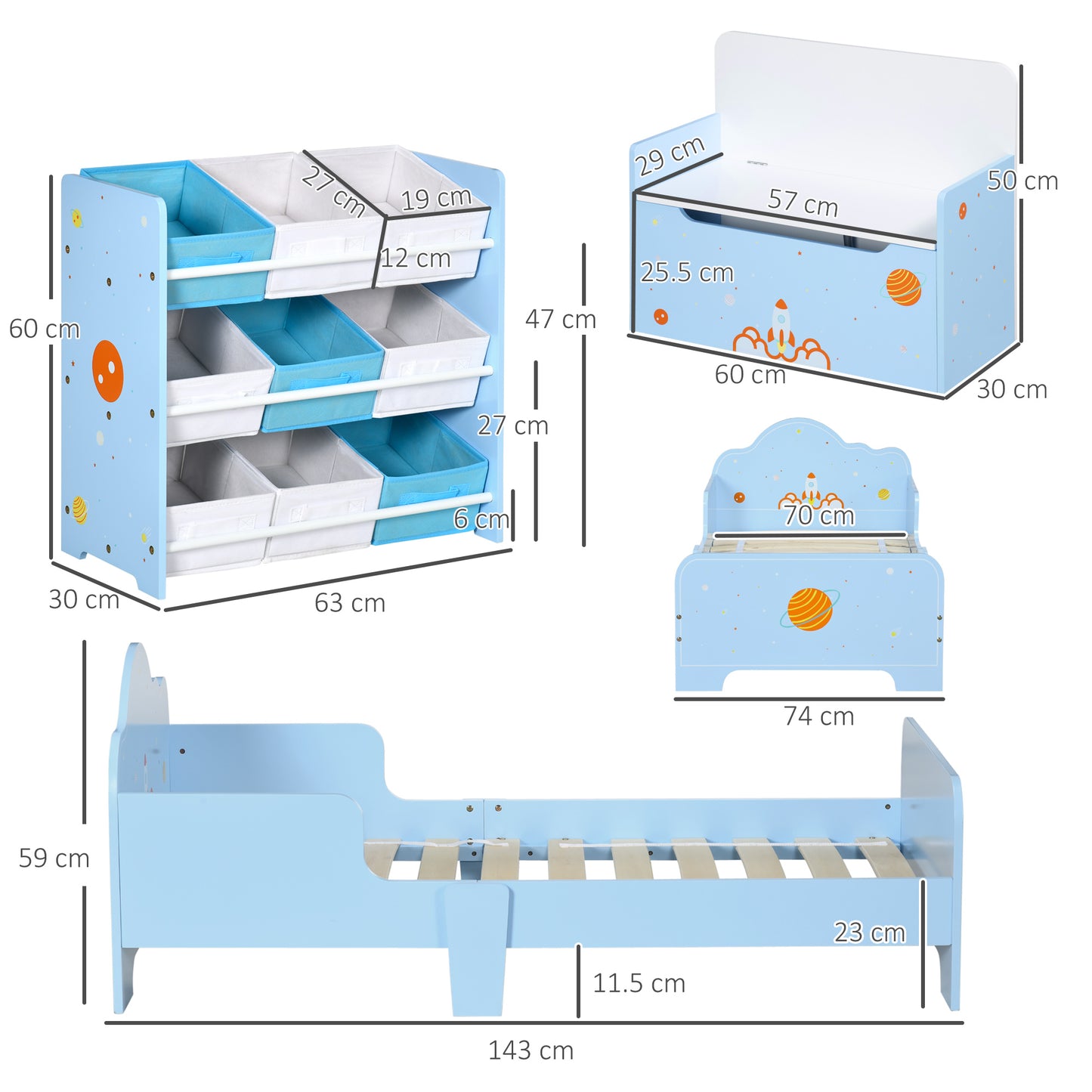 3PCs Kids Bedroom Furniture Set with Bed, Toy Box Bench