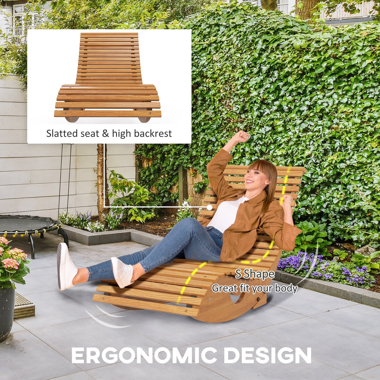 Outdoor Rocking Chair w/ Slatted Seat, Wooden Rocking Chair