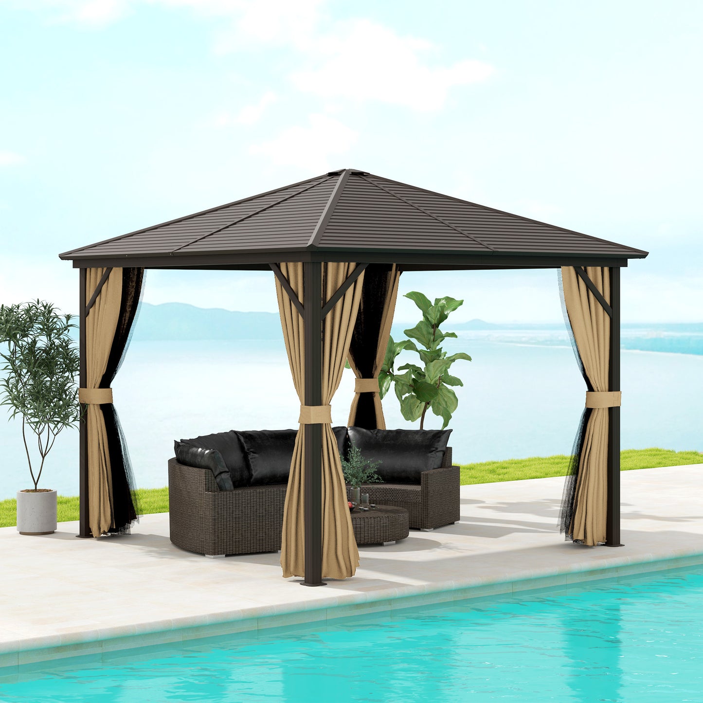 3 x 3(m) Metal Hardtop Gazebo, with Curtains and Accessories