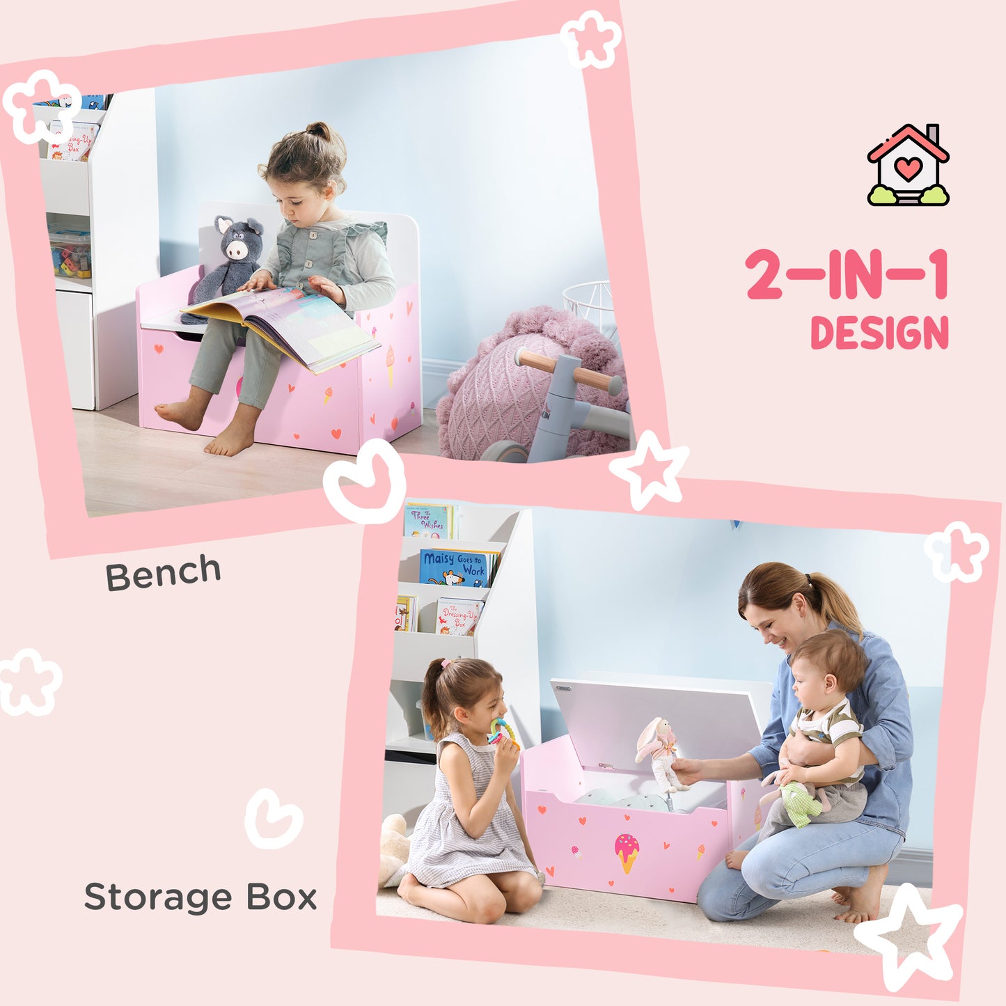 4PCs Kids Bedroom Furniture Set with Bed, Toy Box Bench