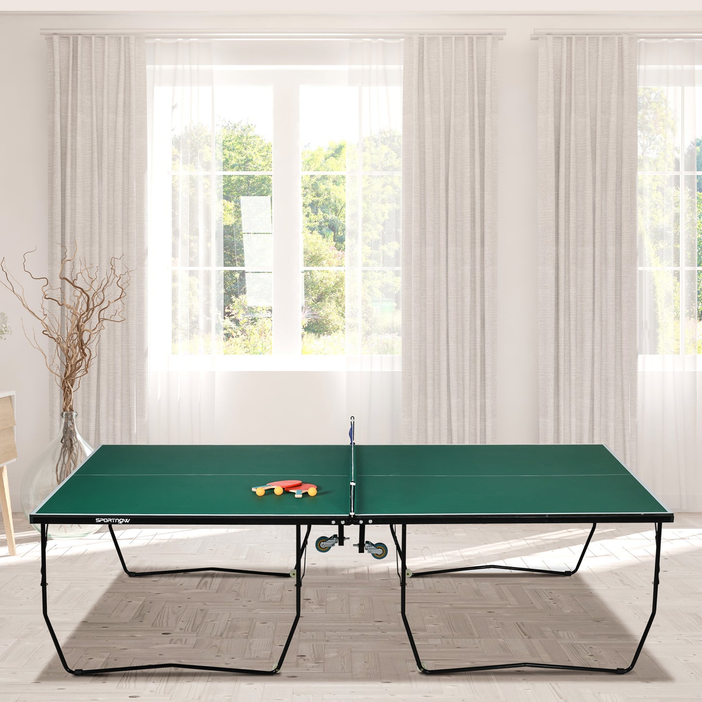 9FT Folding Tennis Table, with 8 Wheels, for Indoor Use