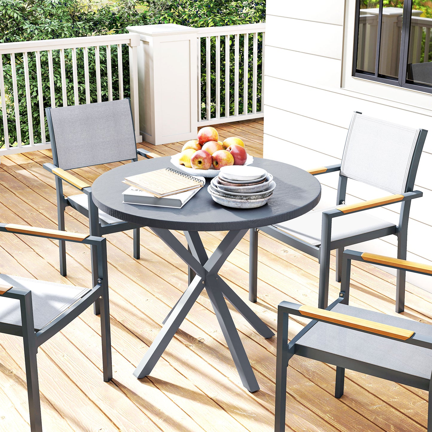 Garden Table, 85cm Round Outdoor Dining Table with Steel Frame