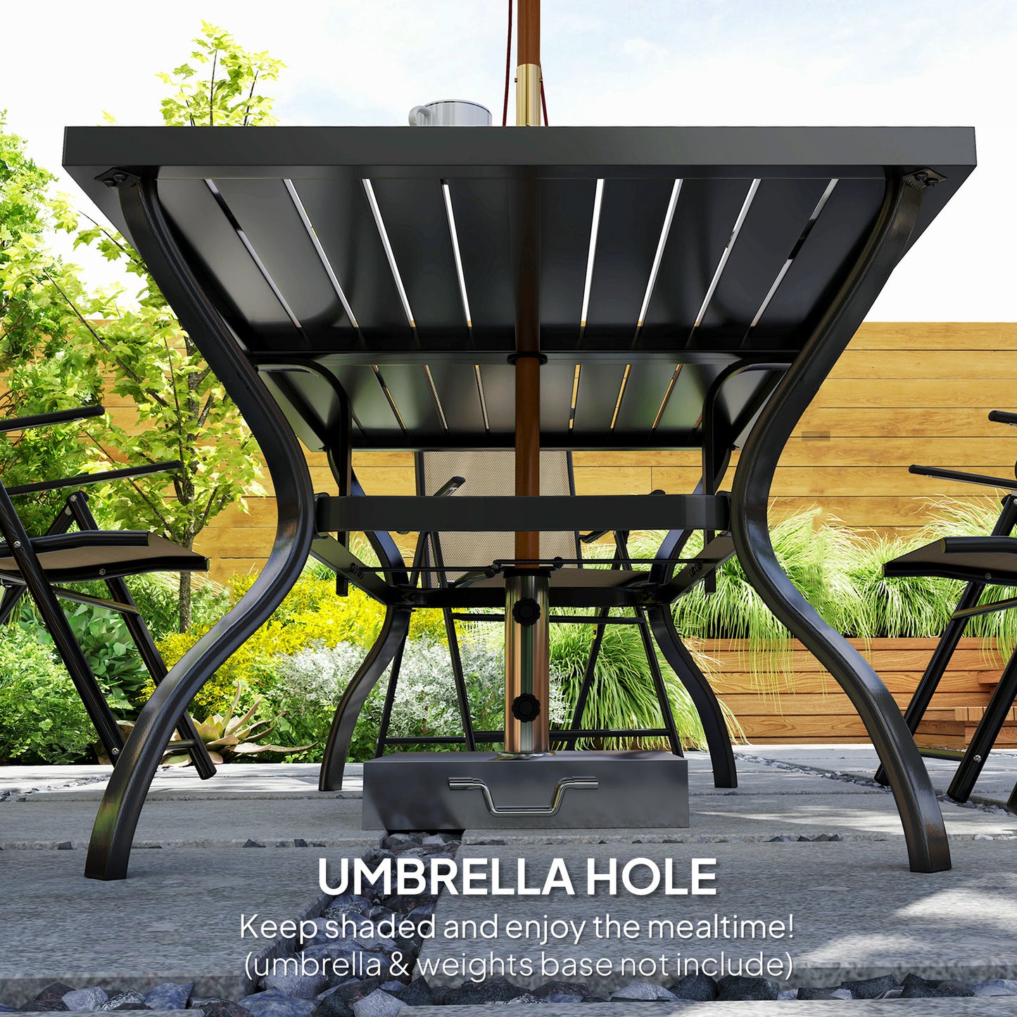 Seven-Piece Steel Outdoor Dining Set, with Parasol Hole