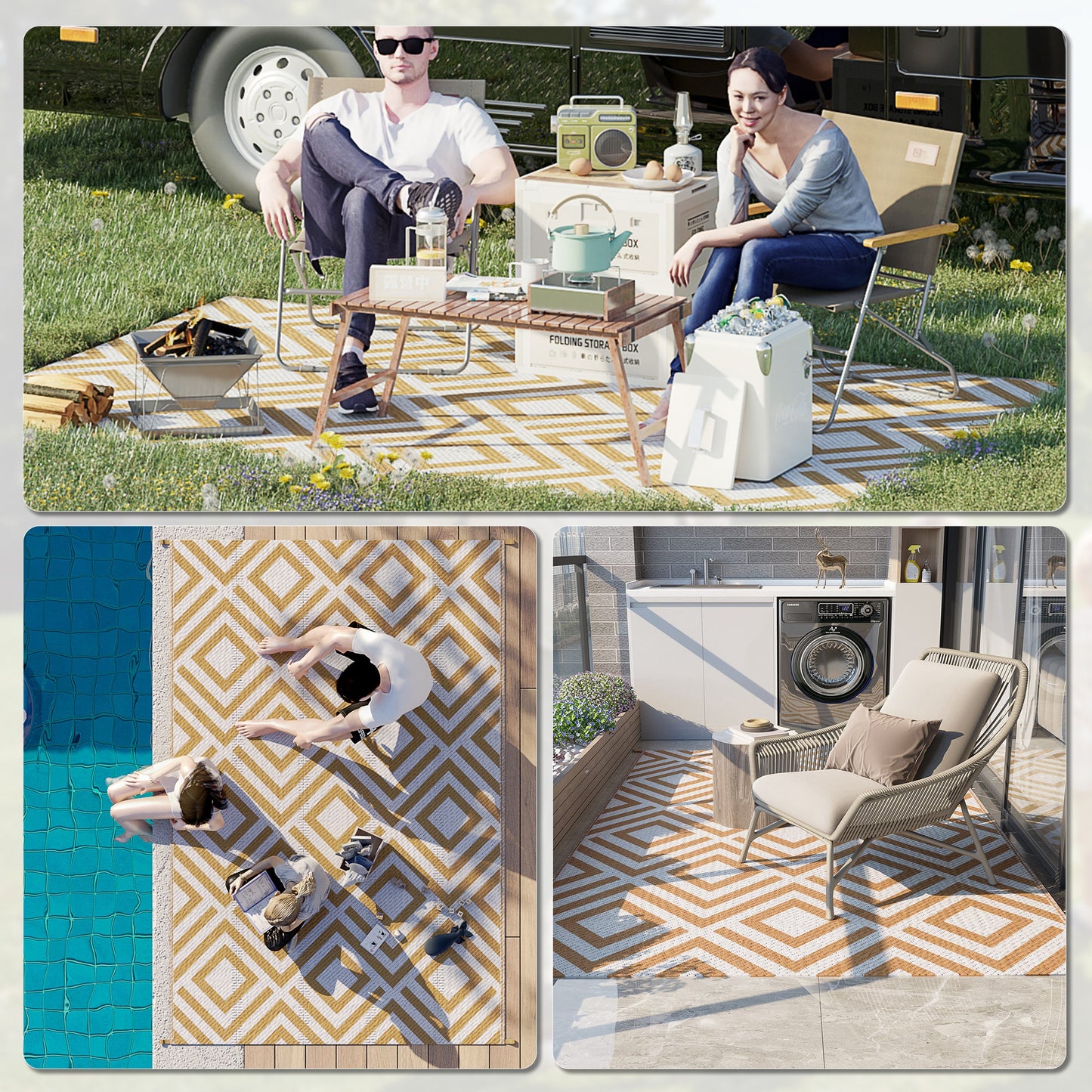 Reversible Outdoor Rug, Plastic Straw Mat w/ Carry Bag Ground Stakes