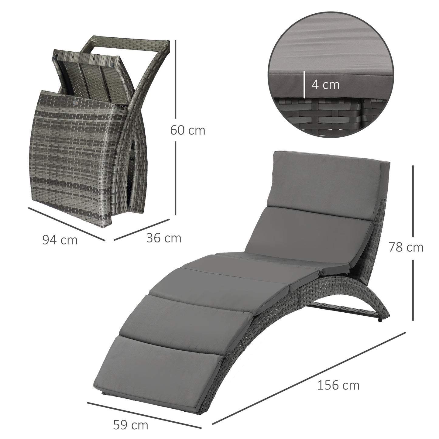 Folding Sun Lounger, PE Rattan Garden Lounger Chair