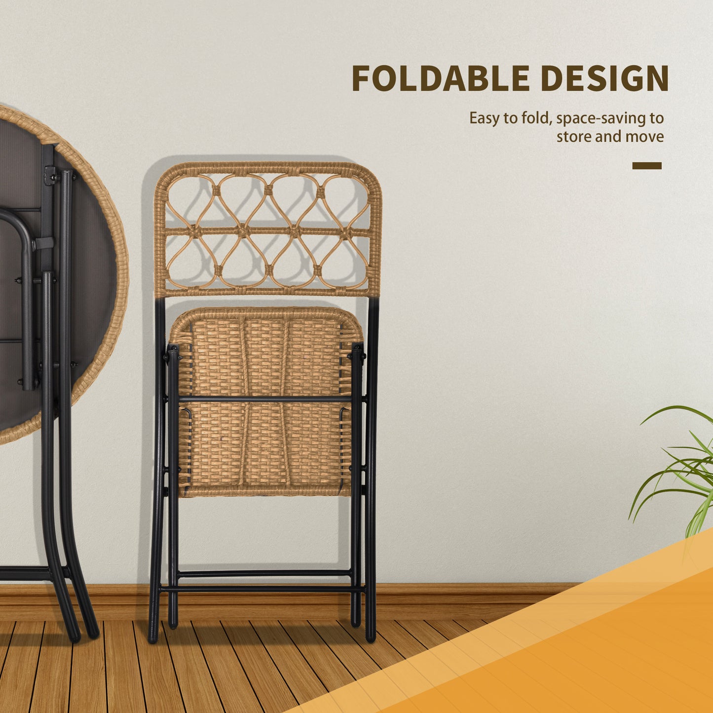 2 Seater Foldable Rattan Wicker Bistro Set, Coffee Table and Chairs