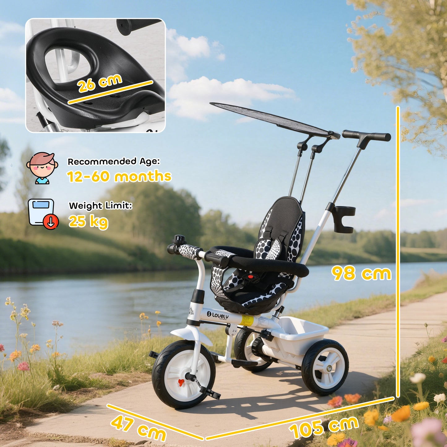 6 in 1 Tricycle for Kids with 5-point harness straps, Removable Canopy (2)