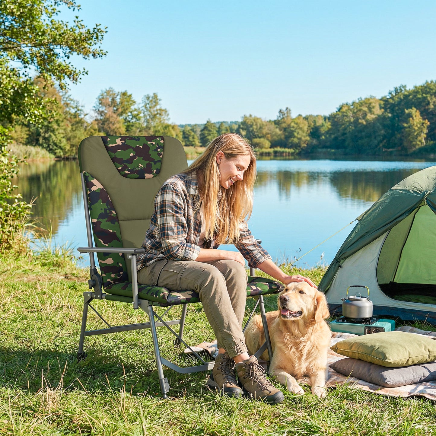 Camping Chair Padded Reclining Folding Chair with Wide Armrests