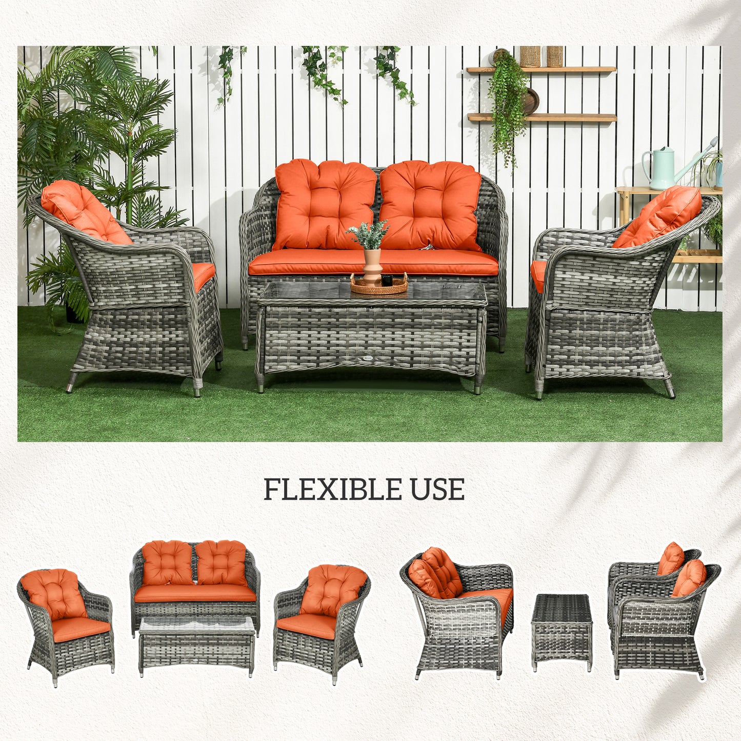 Four-Piece Rattan Sofa Set, with Glass-Top Table