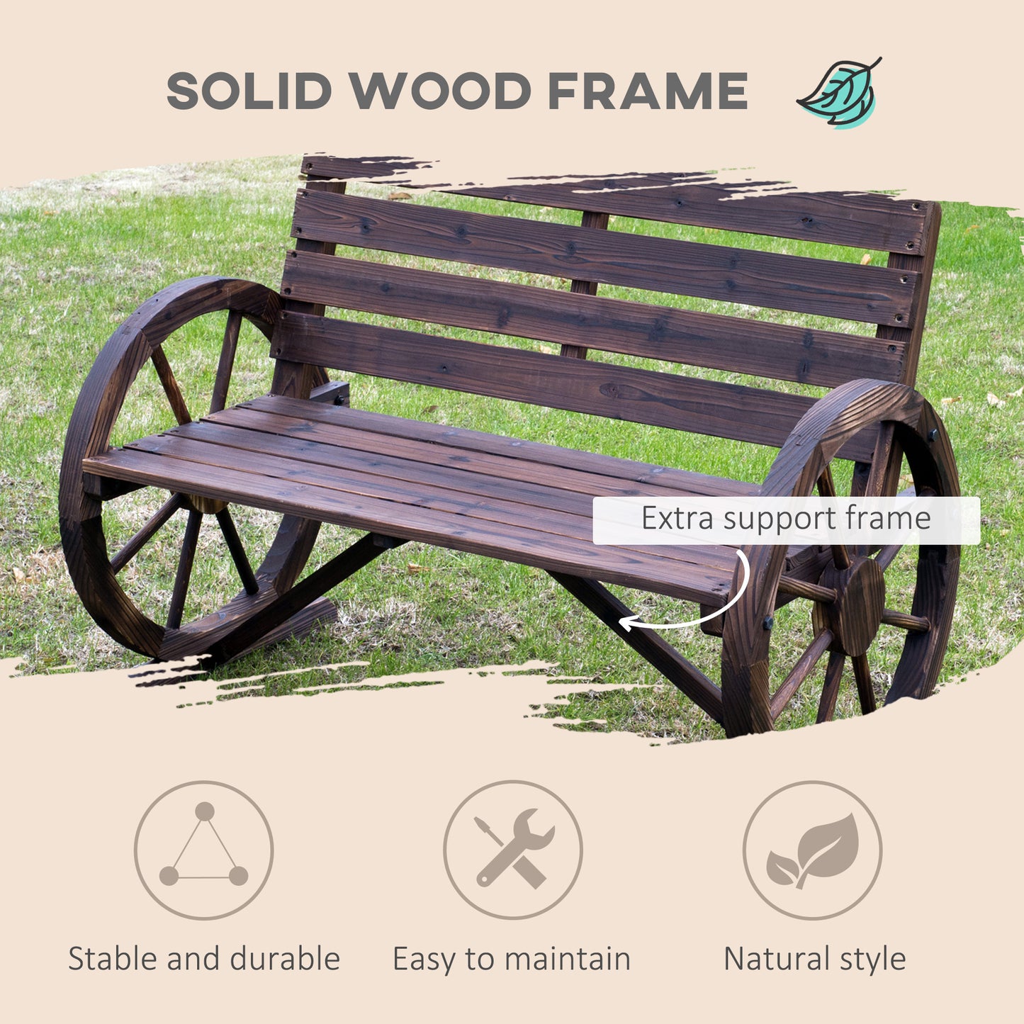 2 Seater Garden Bench with Wooden Cart Wagon Wheel Rustic High Back