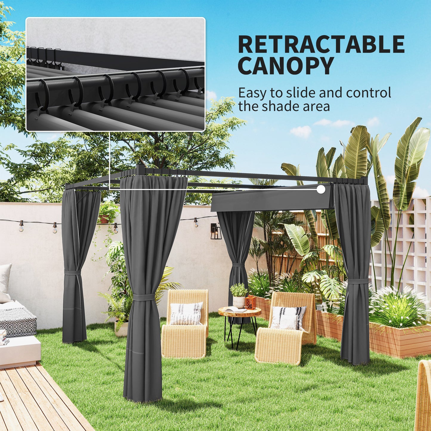 3 x 3(m) Retractable Pergola, Garden Gazebo Shelter with Curtains