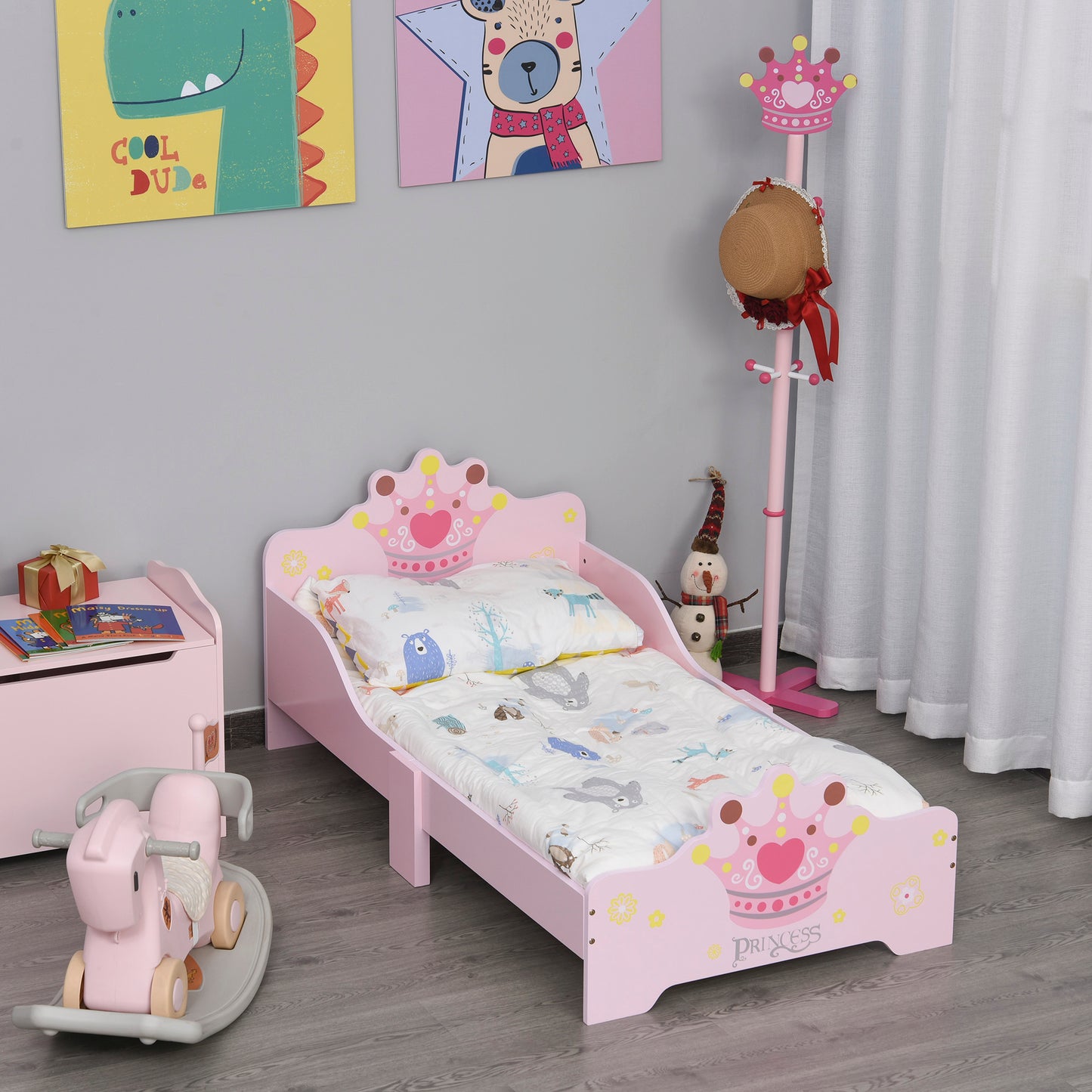 Kids Toddler Bed Princess Crown Theme Safety Side Rails Slats Home